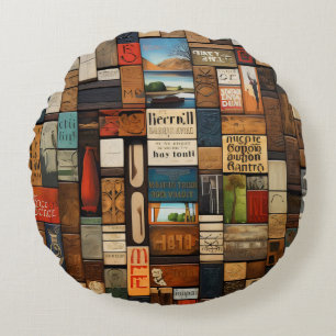 Rustic Book and Sign Typography Art Collage Round Pillow