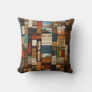 Rustic Book and Sign Typography Art Collage Throw Pillow