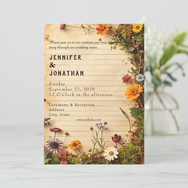 Rustic Book Lovers Print Floral Wedding Invitation (Standing Front)