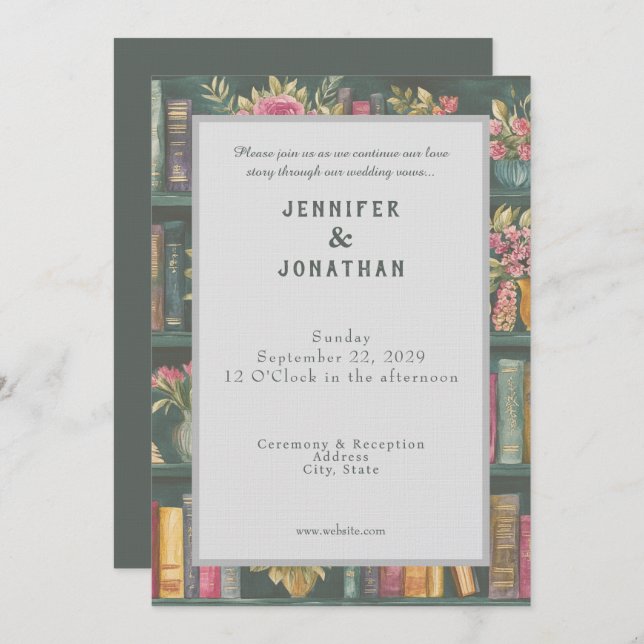 Rustic Book Lovers Print Floral Wedding Invitation (Devant / Derrière)