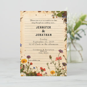 Rustic Book Lovers Print Floral Wedding Invitation