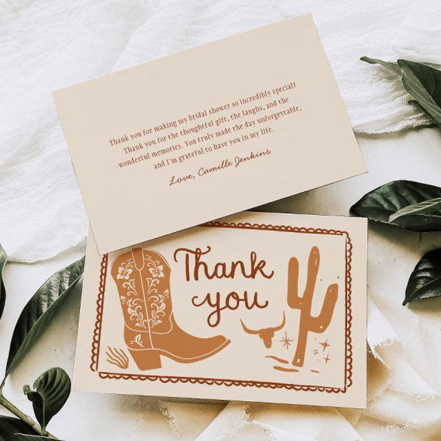 Rustic Boots and Bubbly Hand Drawn Thank you Card (Western Rustic Bridal Shower Thank you card)