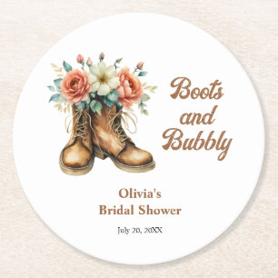 Rustic Boots and Bubbly Western Bridal Shower  Round Paper Coaster