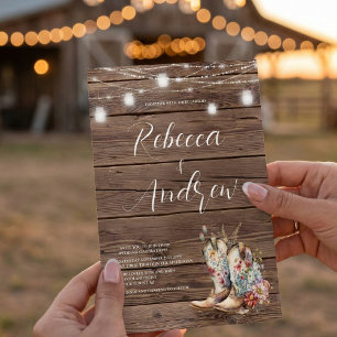 Rustic Boots Cowboy Cowgirl Floral Lights Wedding  Invitation