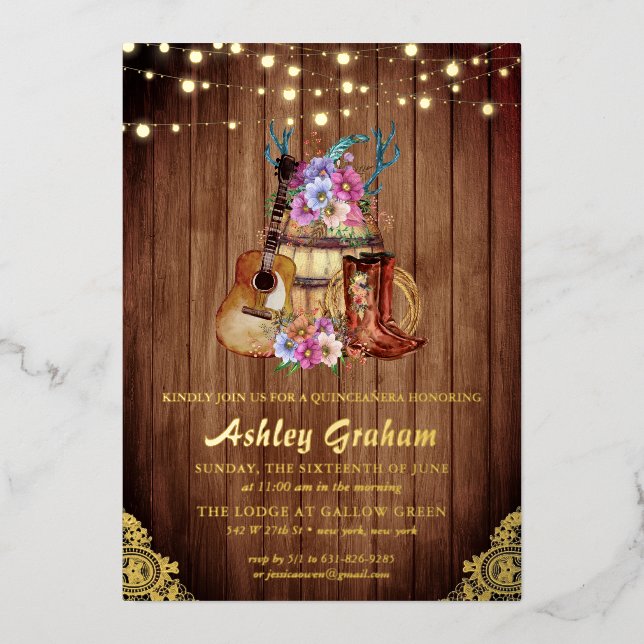 Rustic Boots Cowgirl Quinceañera 15th Birthday Inv (Front)