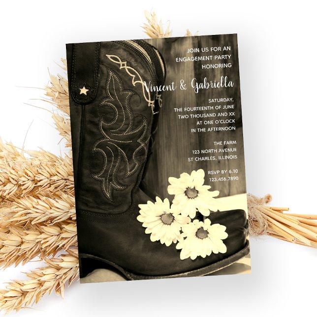 Rustic Boots Daisy Western Engagement Party Sepia Invitation (Creator Uploaded)