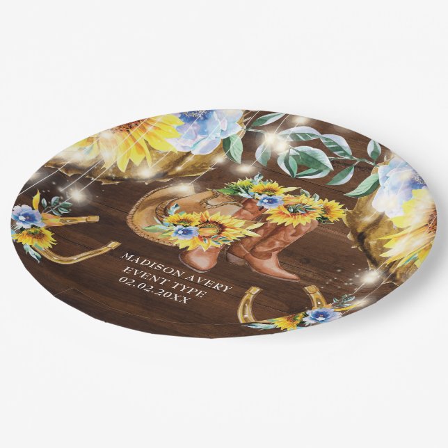 Rustic Boots Floral String Lights Personalized Paper Plate (Angled)