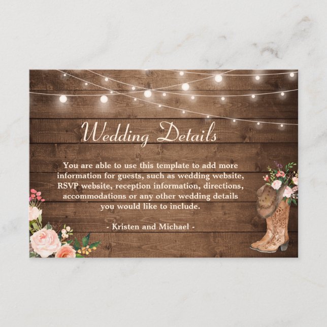 Rustic Boots Floral String Lights Wedding Details Enclosure Card (Front)