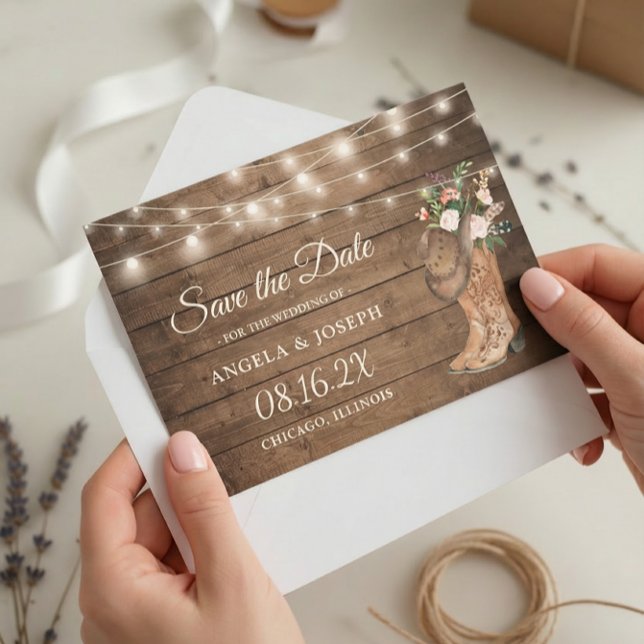 Rustic Boots Floral String Lights Wedding Save The Date (Creator Uploaded)