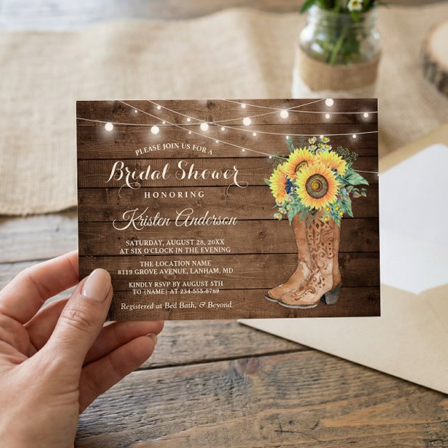 Rustic Boots String Lights Sunflower Bridal Shower Invitation (Creator Uploaded)