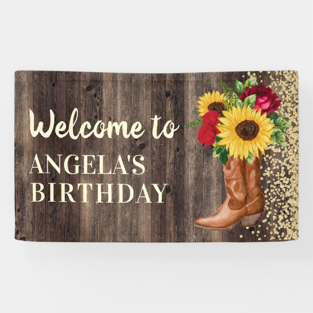 Rustic Boots Sunflowers Red Roses Birthday Welcome Banner (Horizontal)