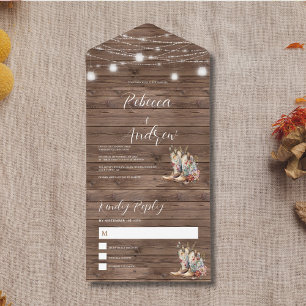 Rustic Boots Western Country String Lights Wedding All In One Invitation