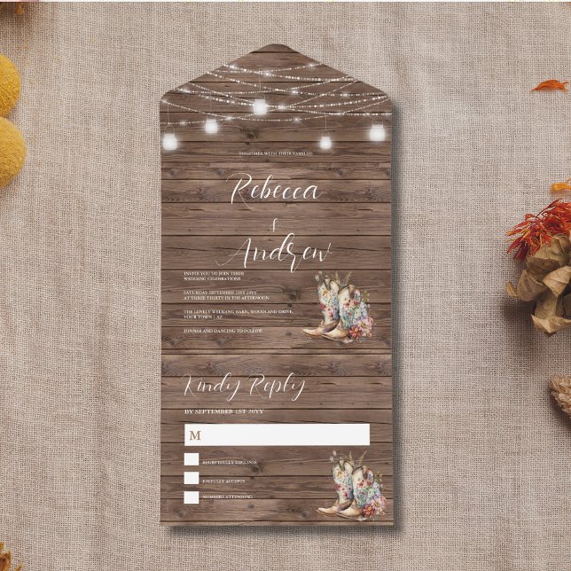 Rustic Boots Western Country String Lights Wedding All In One Invitation (Creator Uploaded)