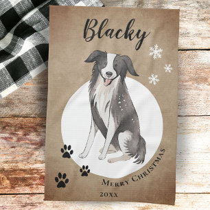 Rustic Border Collie Drawing Paw Merry Christmas  Kitchen Towel