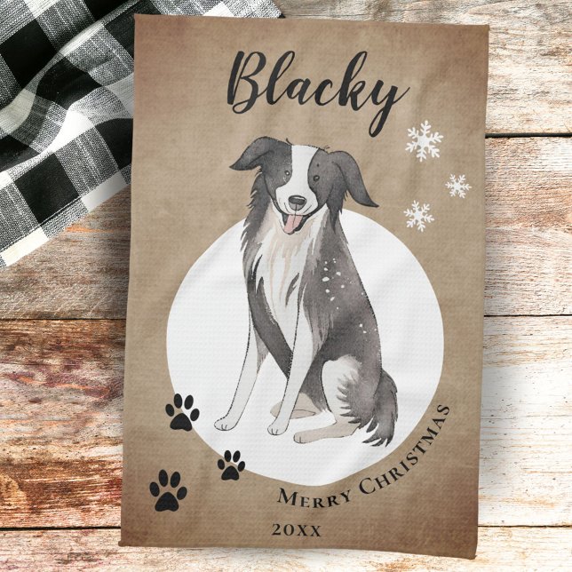 Rustic Border Collie Drawing Paw Merry Christmas  Kitchen Towel (Creator Uploaded)
