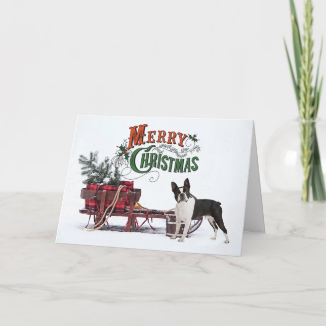 Rustic Boston Terrier Christmas Holiday Card (Front)