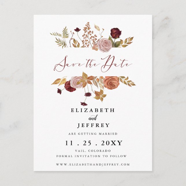Rustic Botanical Autumn Fall Save The Date   Announcement Postcard (Front)