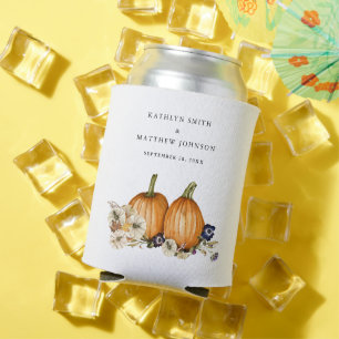 Rustic Botanical Autumn Pumpkin Fall Wedding Can Cooler