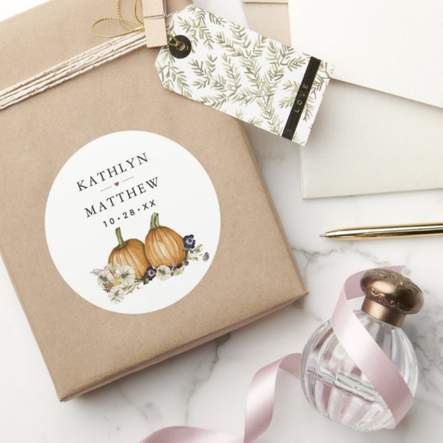 Rustic Botanical Autumn Pumpkin Fall Wedding Classic Round Sticker (Creator Uploaded)