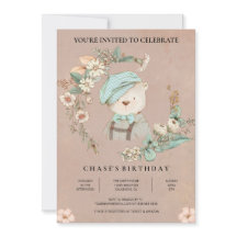 Rustic Botanical Baby Bear Birthday Invitation