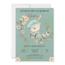 Rustic Botanical Baby Bear Birthday Invitation 