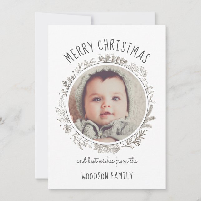 Rustic Botanical Circle Photo Merry Christmas Card (Front)