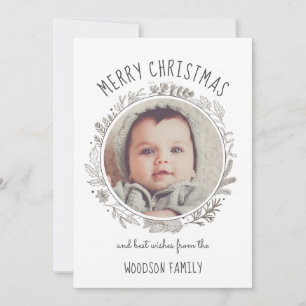 Rustic Botanical Circle Photo Merry Christmas Card
