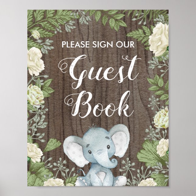 Rustic Botanical Elephant Guest Book Shower Sign (Front)