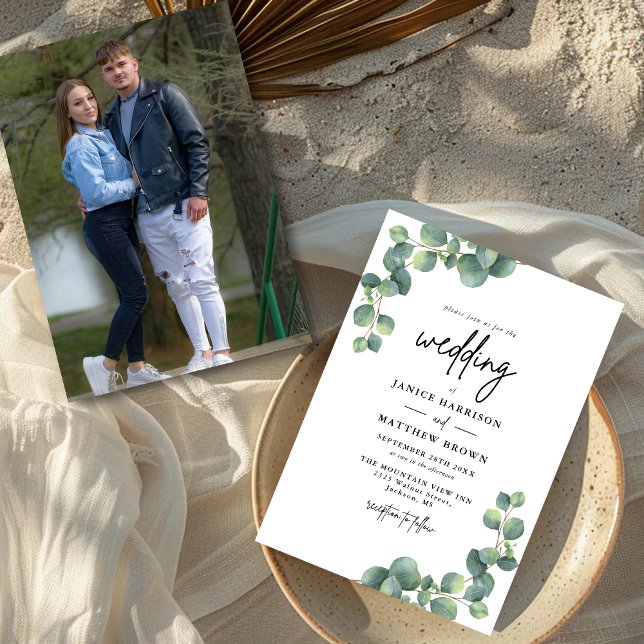 Rustic Botanical Eucalyptus Greenery Photo Wedding Invitation (Creator Uploaded)