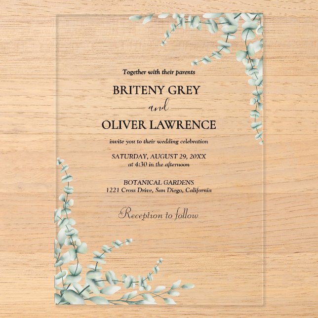 Rustic Botanical Eucalyptus Greenery Wedding Acrylic Invitations (Front)