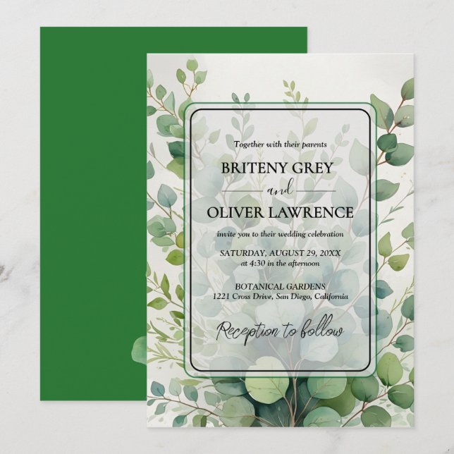 Rustic Botanical Eucalyptus Greenery Wedding Invitation (Front/Back)