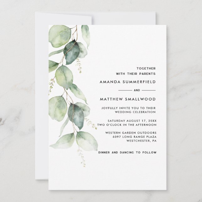 Rustic Botanical Eucalyptus Greenery Wedding Invitation (Front)