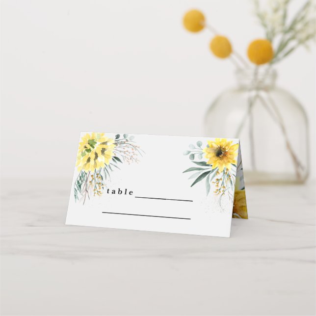 Rustic botanical eucalyptus sunflower place card (Front)