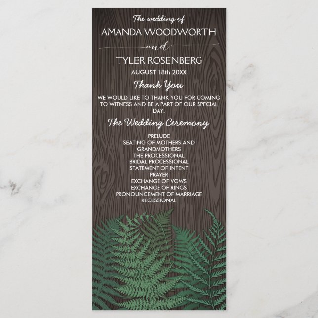 Rustic Botanical Fern Woodland Wedding Programs (Front)