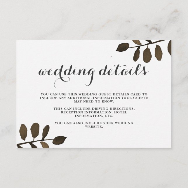 Rustic Botanical Feuille Mariage Détails Carte d'i (Devant)
