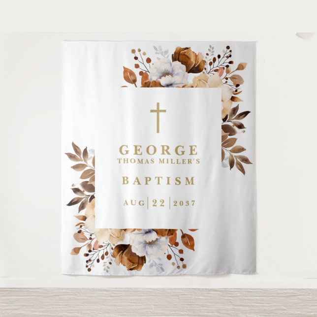 Rustic Botanical Floral Baptism Photo Backdrop Tapestry (Front)