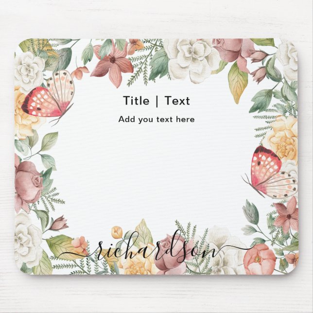 Rustic Botanical Floral Rose Pink Butterfly Custom Mouse Pad (Front)