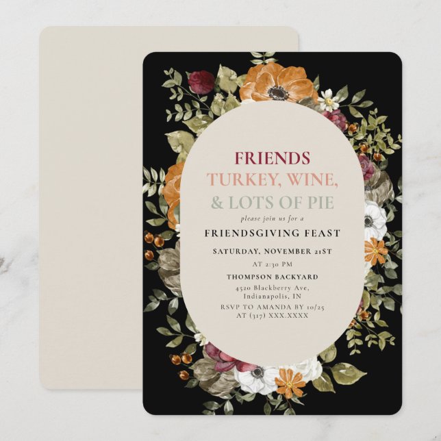 Rustic Botanical Friendsgiving Dinner Feast Party Invitation (Front/Back)