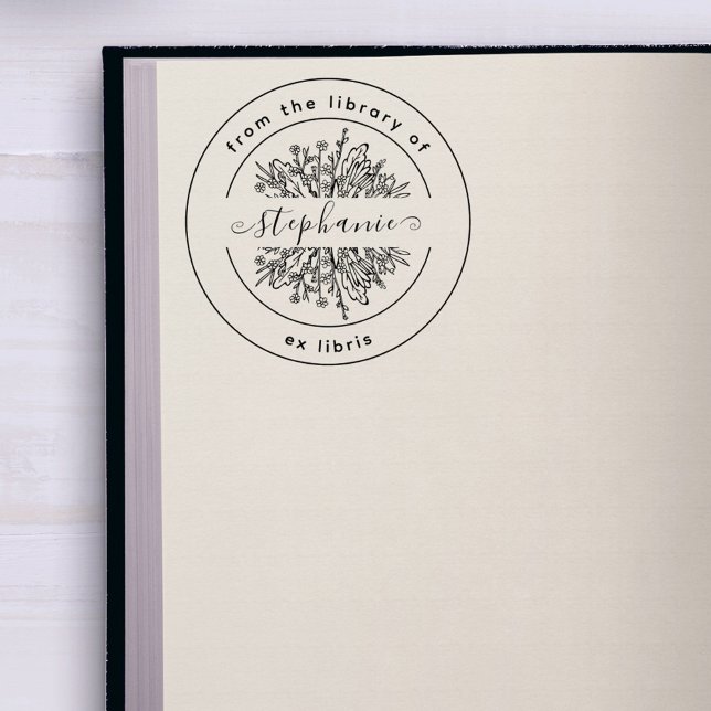 Rustic Botanical | From the Library | Custom Book Self-inking Stamp (Whimsical Handwritten Name Rustic Wildflowers Round Ex Libris From The Library Of Book Stamp)