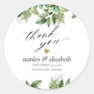 Rustic Botanical Green & Gold Foliage Wedding Classic Round Sticker