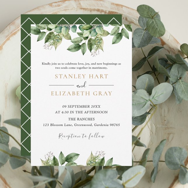 Rustic Botanical Green & Gold Foliage Wedding Invitation (Creator Uploaded)