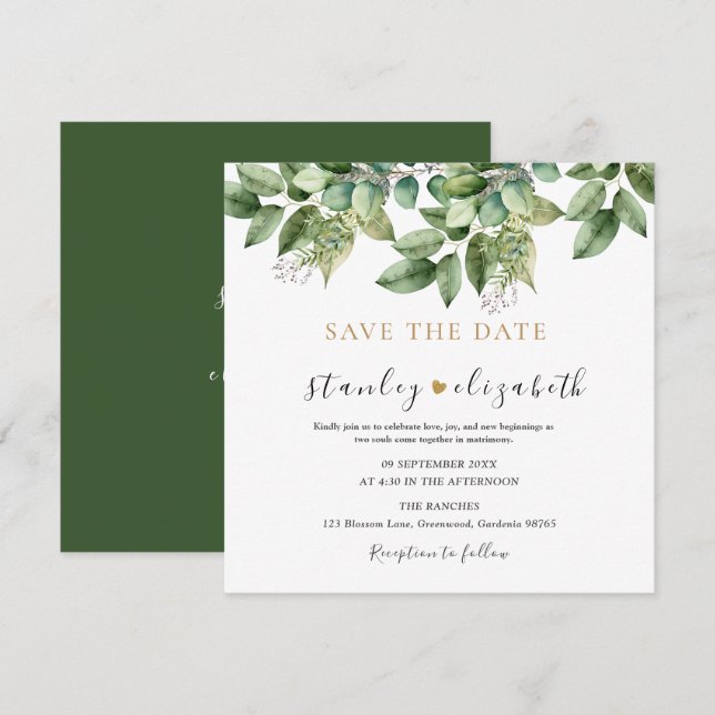 Rustic Botanical Green & Gold Foliage Wedding Save The Date (Front/Back)