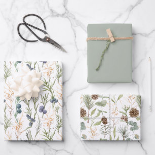 Rustic Botanical Greenery, Berries & Pine Cones Wrapping Paper Sheet