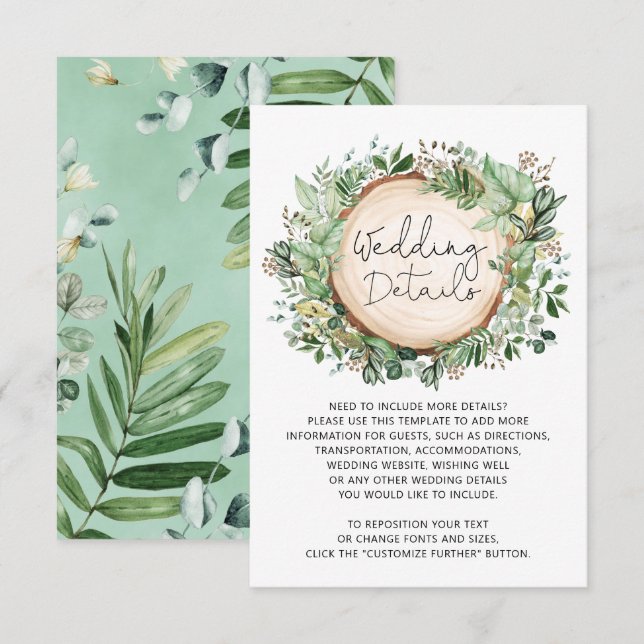 Rustic Botanical Greenery Leaves Wedding Details Enclosure Card (Front/Back)