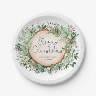 Rustic Botanical Greenery Merry Christmas Holiday Paper Plate