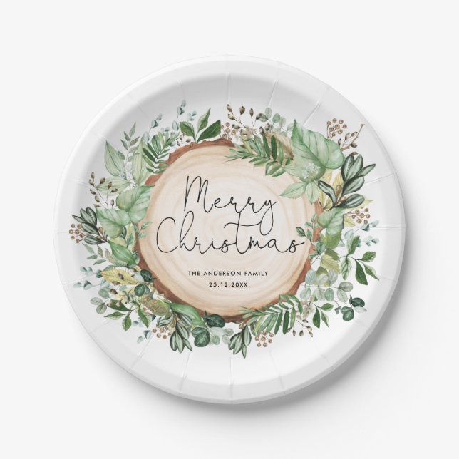 Rustic Botanical Greenery Merry Christmas Holiday Paper Plate (Front)