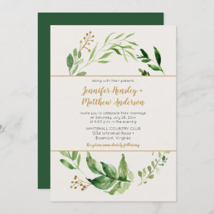 Rustic Botanical Greenery Wreath Gold Buds Wedding Invitation