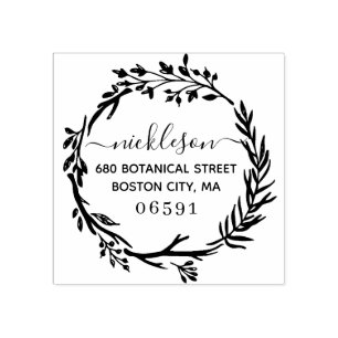 Rustic Botanical Greenery Wreath Return Address Rubber Stamp