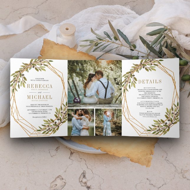 Rustic Botanical Olive Branch Gold Frame Wedding Tri-Fold Invitation (Creator Uploaded)