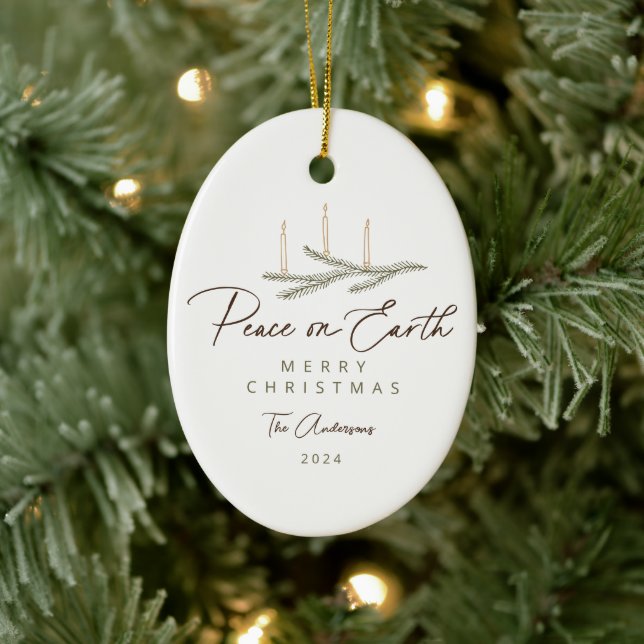 Rustic Botanical Peace on Earth Script Photo Ceramic Ornament (Tree)